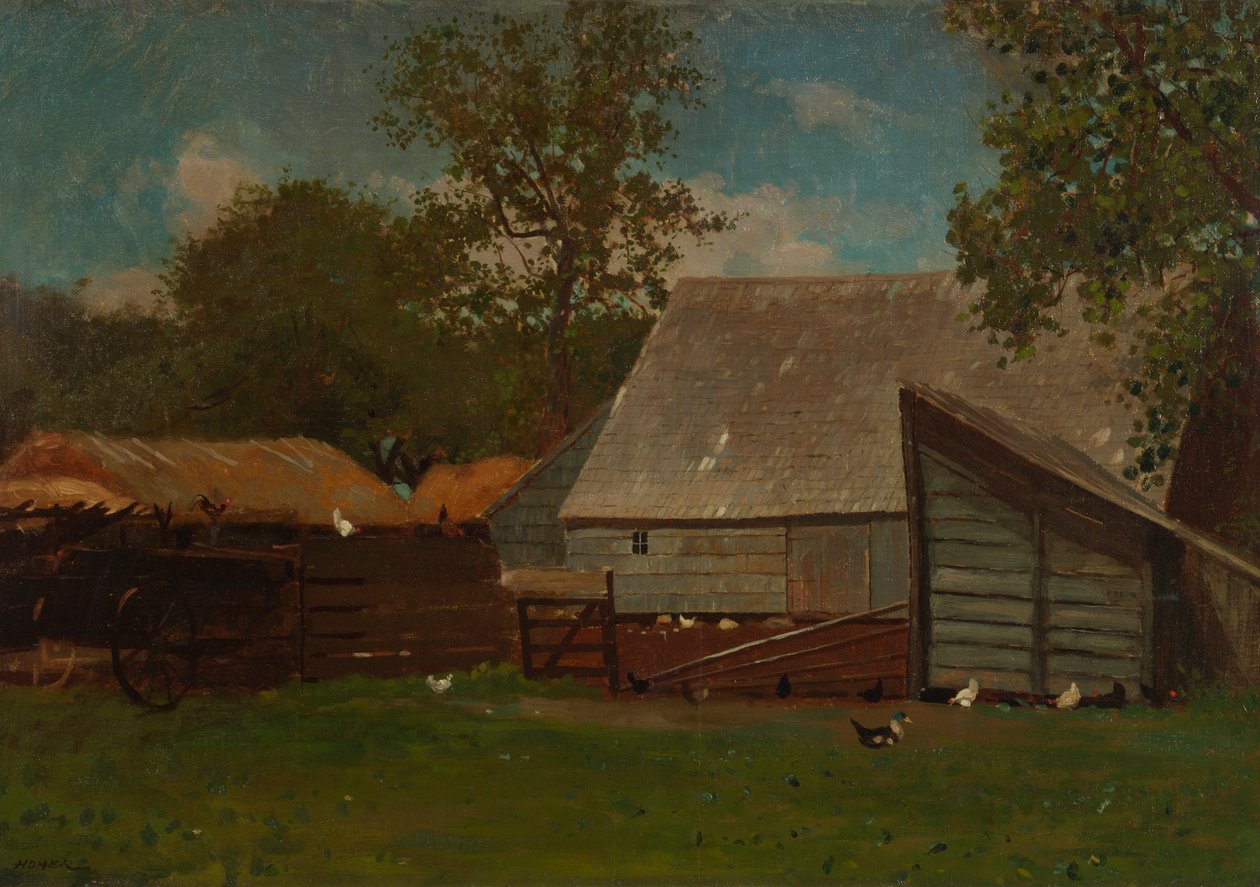 Boerenerf met eenden en kippen door Winslow Homer