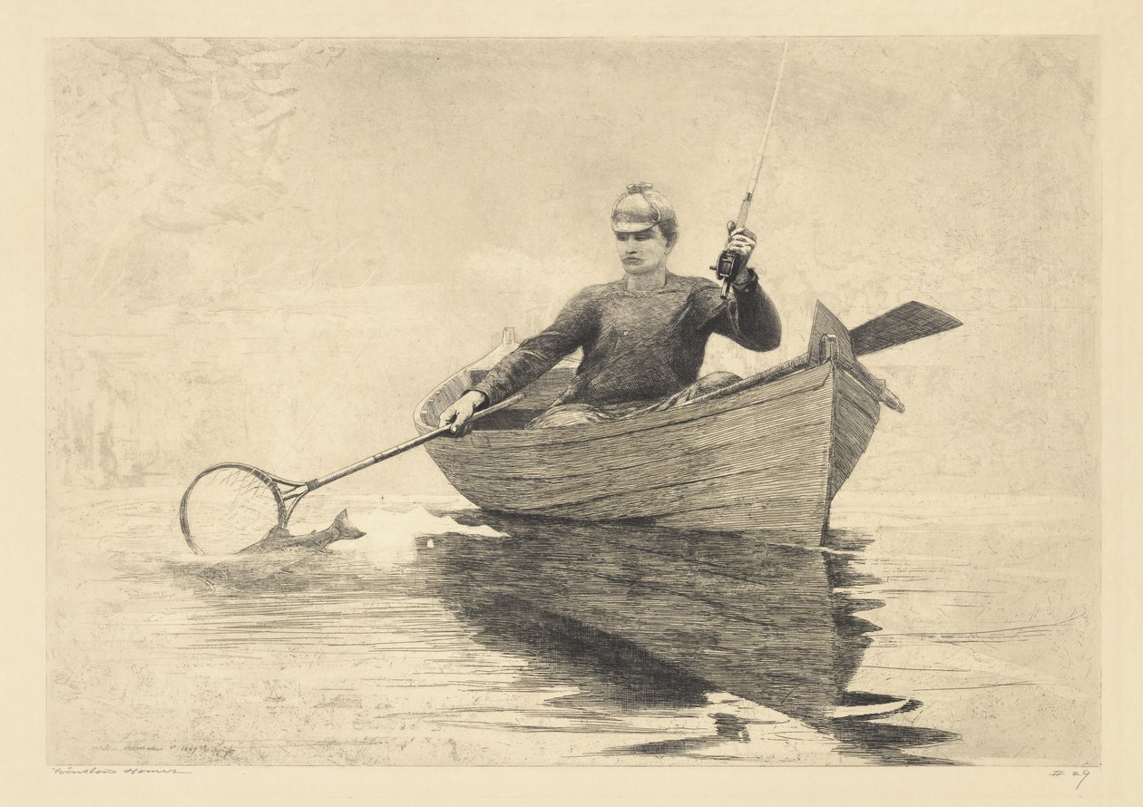 Vliegvissen, Saranac Lake, 1889 door Winslow Homer
