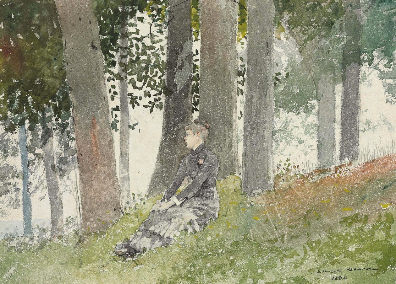 Zittend meisje in een bosje door Winslow Homer