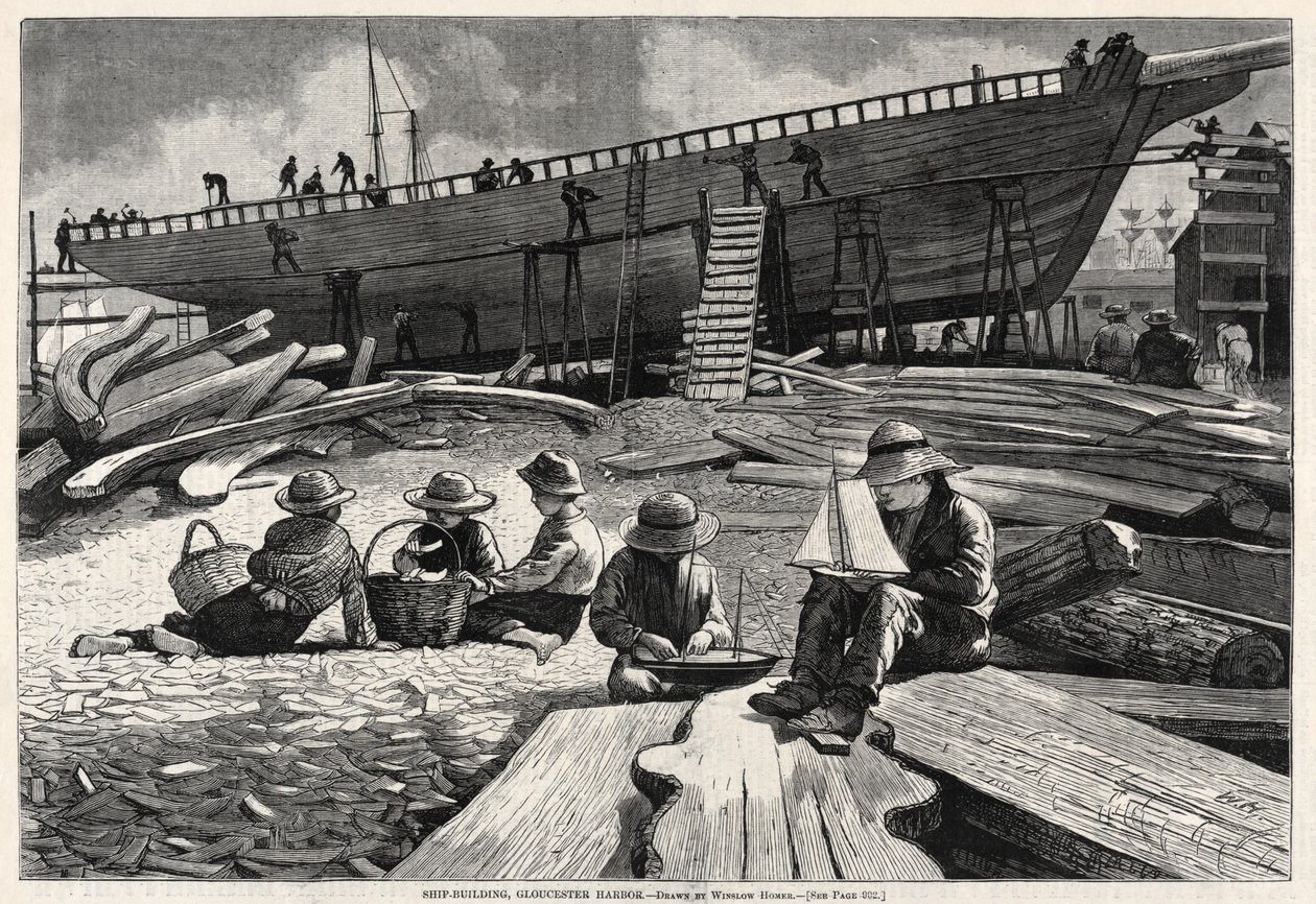 Scheepsbouw, haven van Gloucester door Winslow Homer