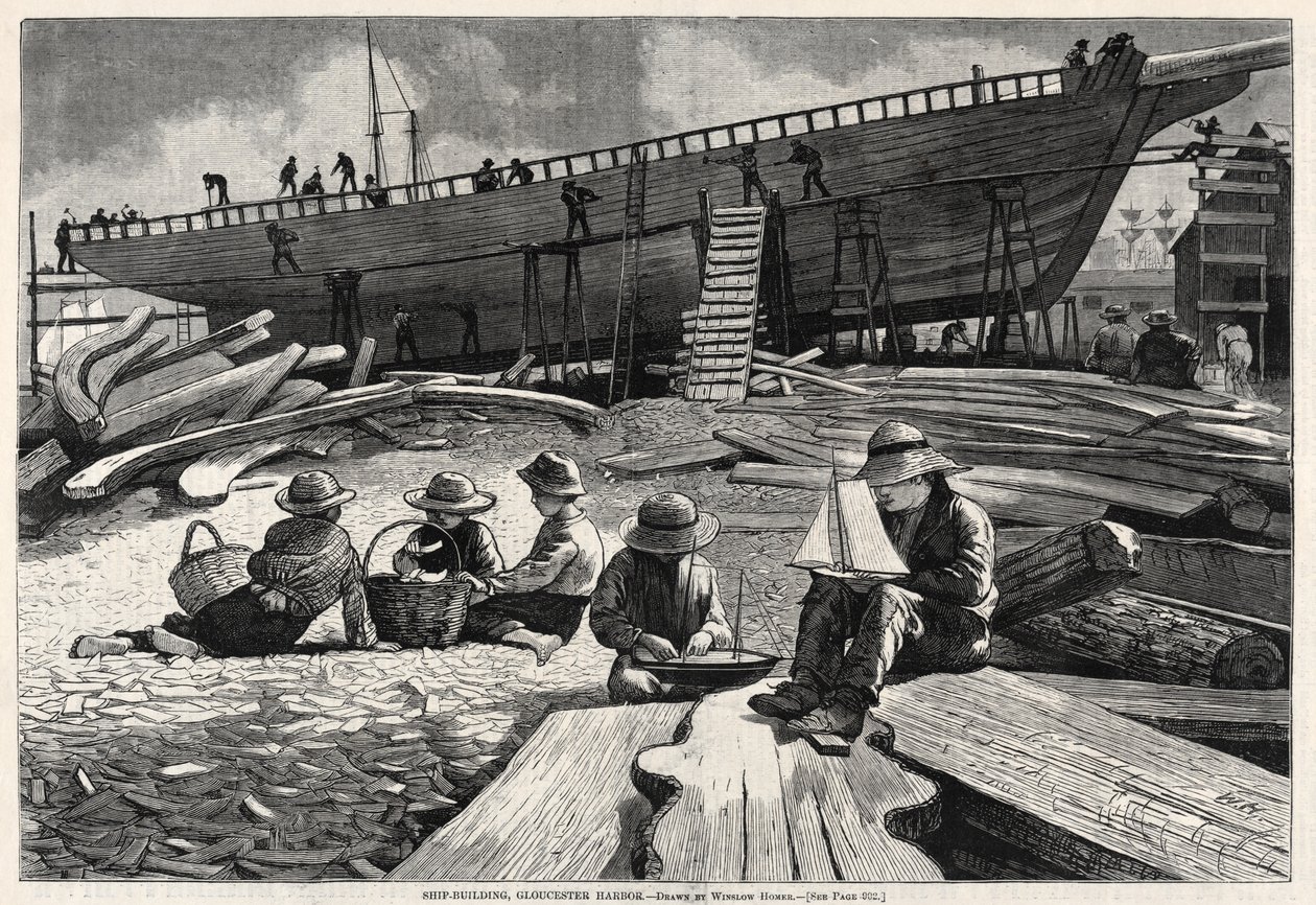 Scheepsbouw, Gloucester Harbor, 1873 door Winslow Homer