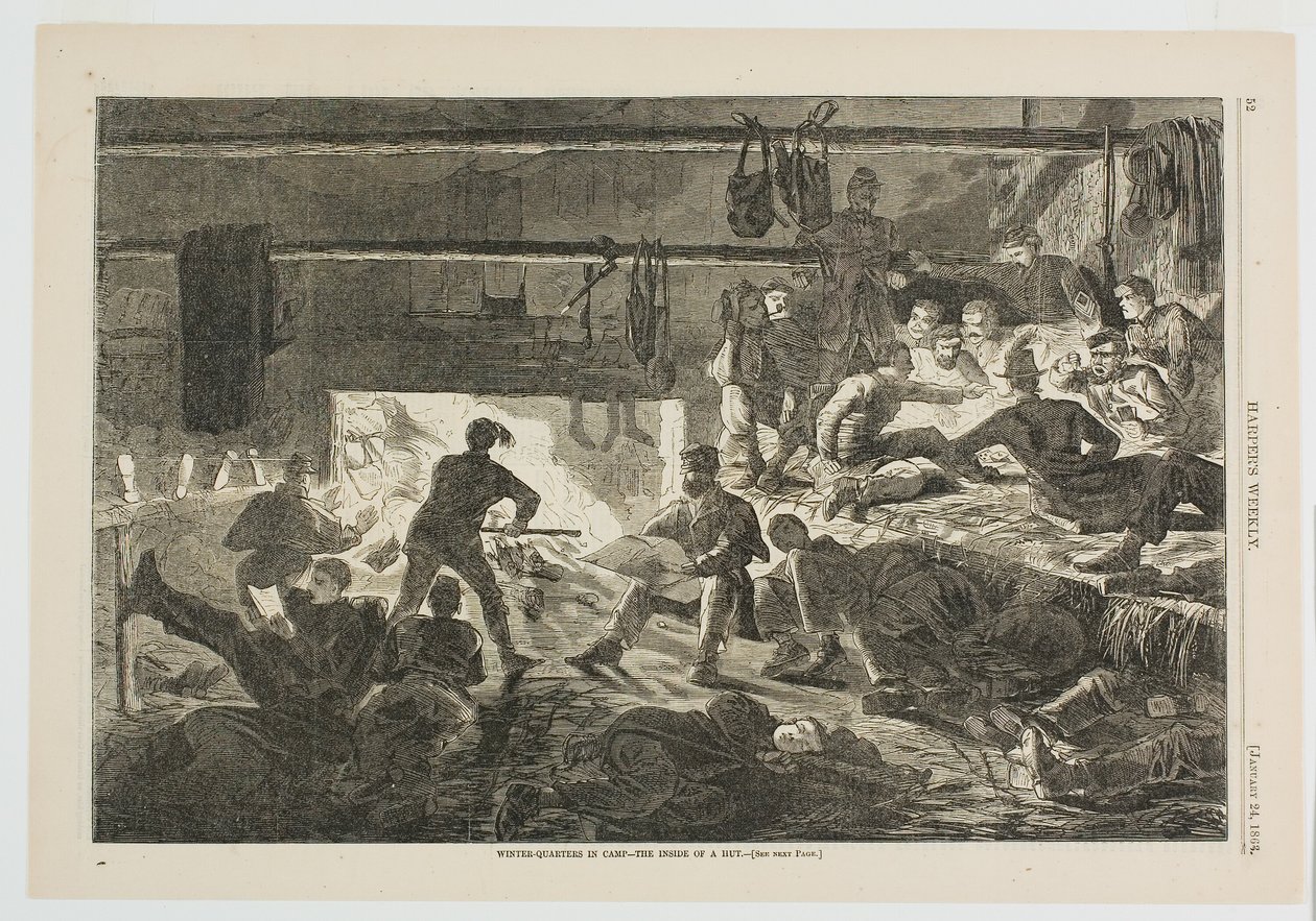 Winterverblijf in het kamp - de binnenkant van een hut door Winslow Homer