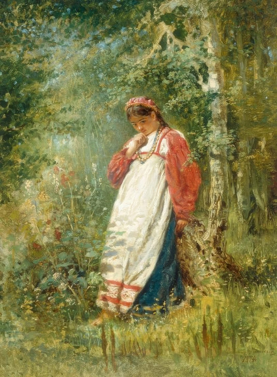 Jonge vrouw in het bos door Wladimir Jegorowitsch Makowski