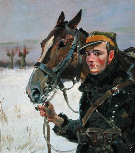 Soldaat met een paard door Wojciech Kossak