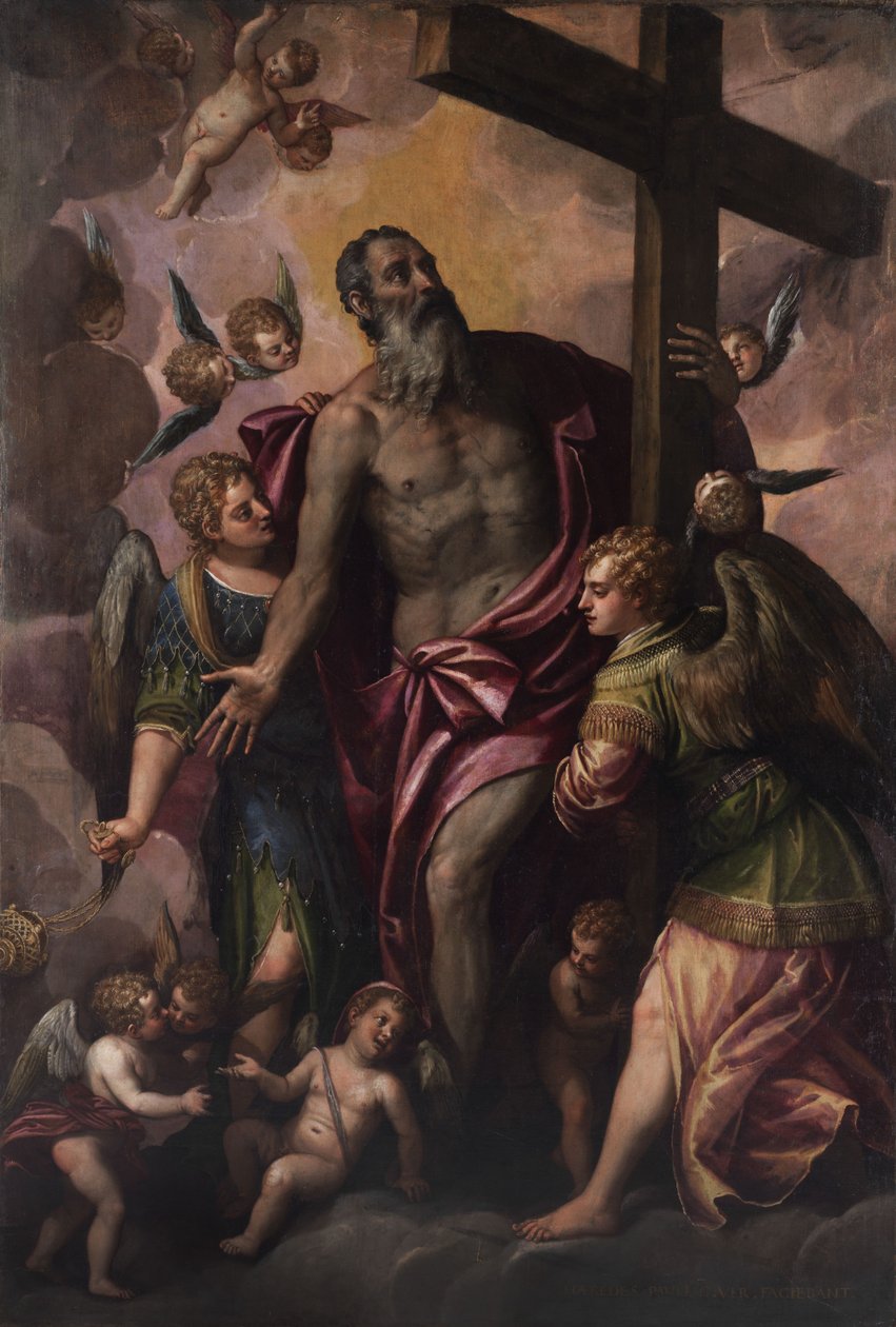 God de Vader houdt het kruis van zijn zoon vast door Workshop of Paolo Veronese