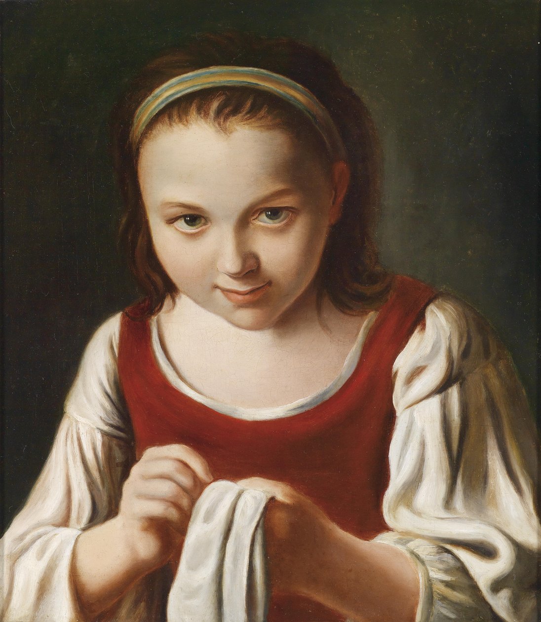 Een naaiend meisje door Pietro Antonio Rotari