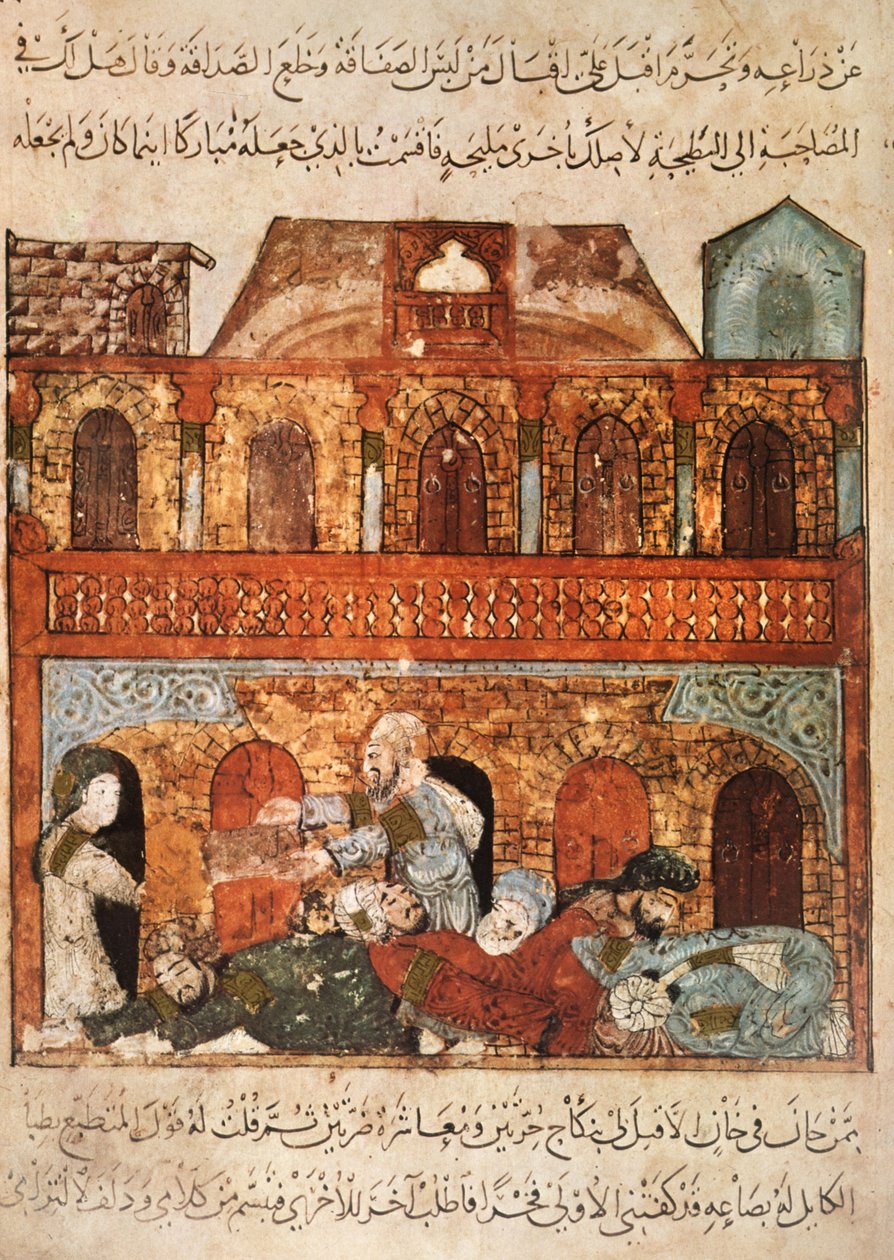 Ms Ar 5847 f.89, Maaltijd in een karavanserai in Wasit: Abou Zayd heeft zijn gasten in slaap gebracht en neemt hun goederen, uit Al Maqamat door Al Hariri, ca. 1240 door Yahya ibn Mahmud Al Wasiti