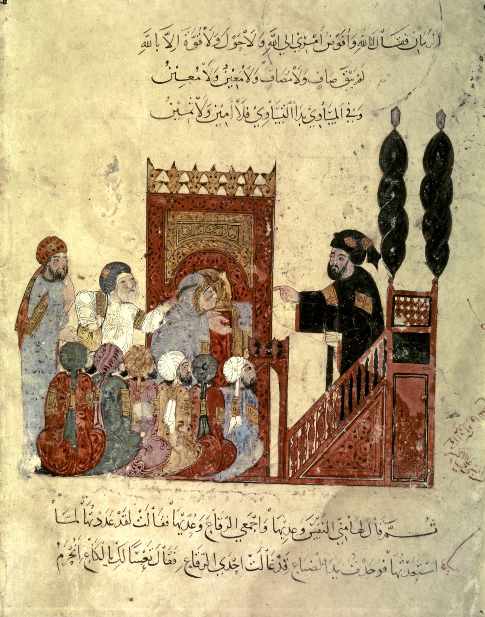 Scène in een moskee door Yahya ibn Mahmud Al Wasiti