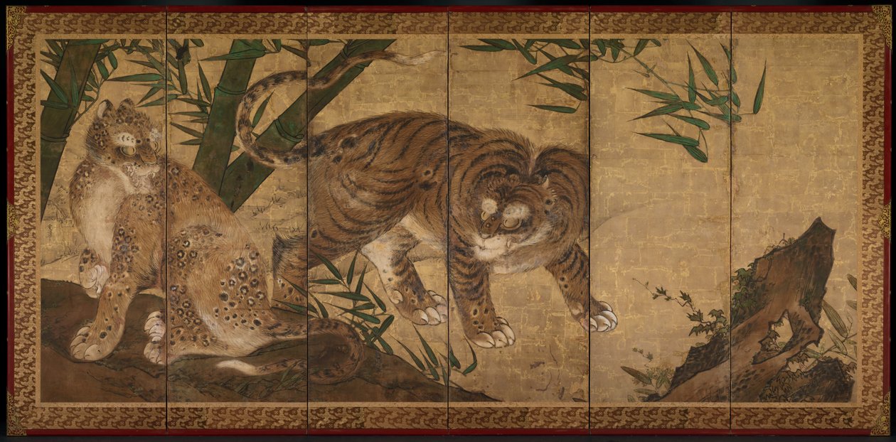 Leeuwen en Tijgers in Pioenroos en Bamboe door Yamaguchi Sekkei