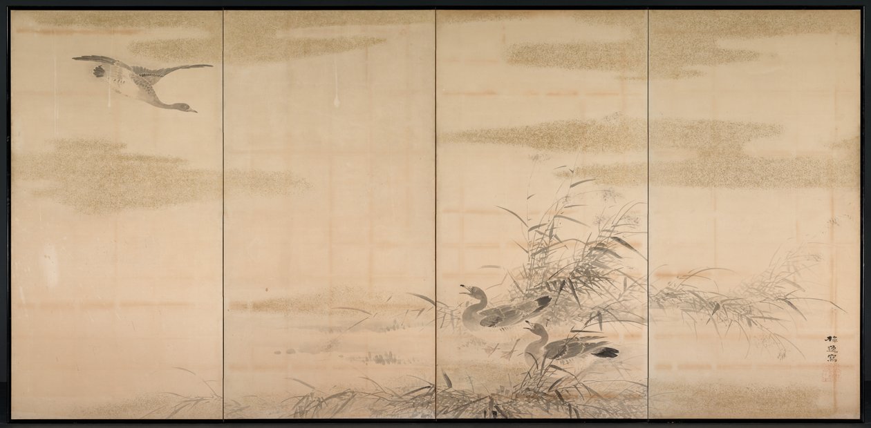 Ganzen, Riet en Water door Yamamoto Baiitsu