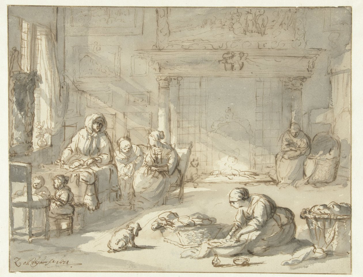 Interieur van huis met vrouwen en kinderen door Zacharias Blijhooft