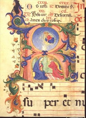 Missaal 515 f.42r Geïllustreerde initiaal R die de Aankondiging toont, 1448-49 door Zanobi di Benedetto Strozzi