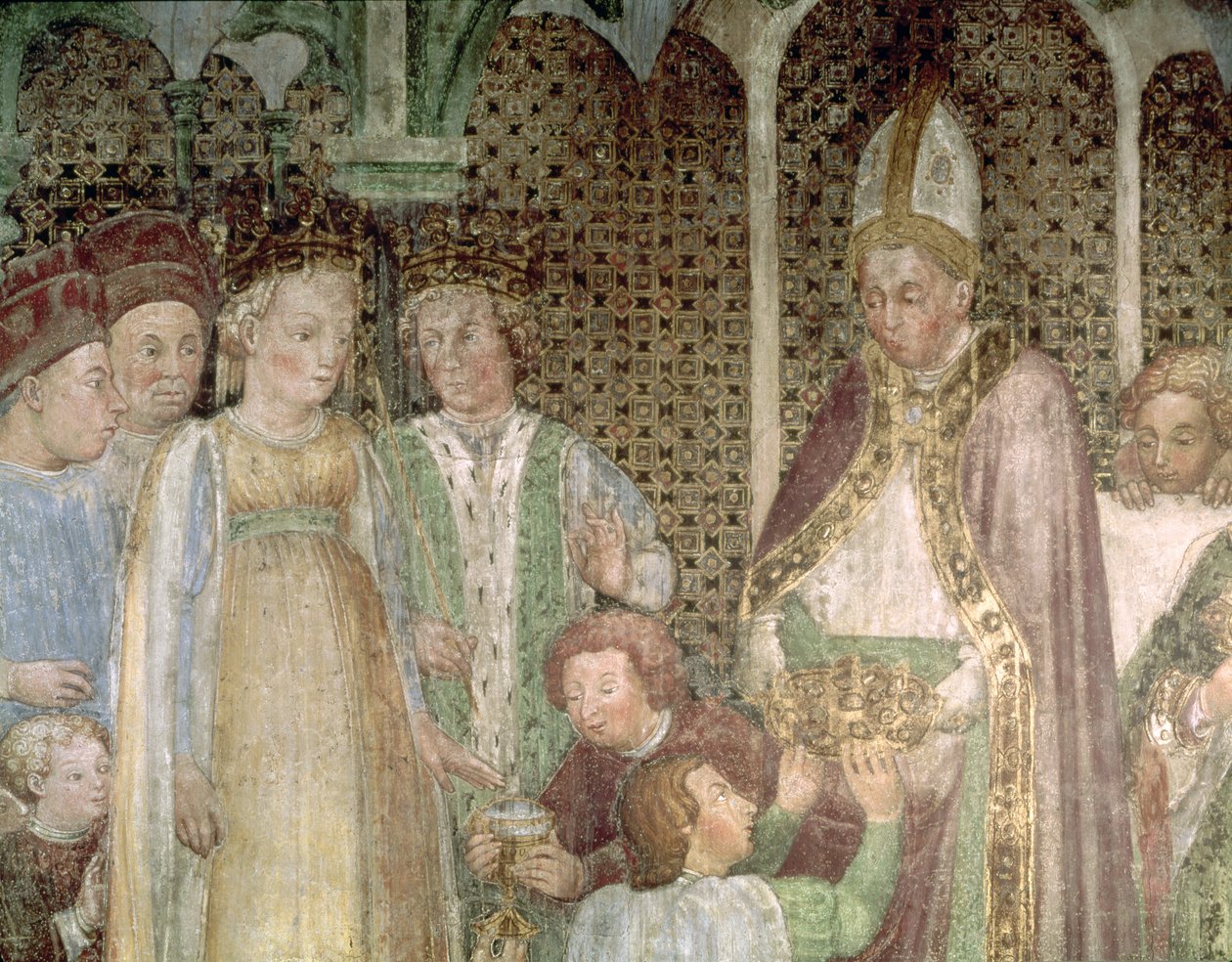 Koningin Theodolinda en paus Gregorius de Grote (c.540-604) wisselen geschenken uit, 1444 door Zavattari Family