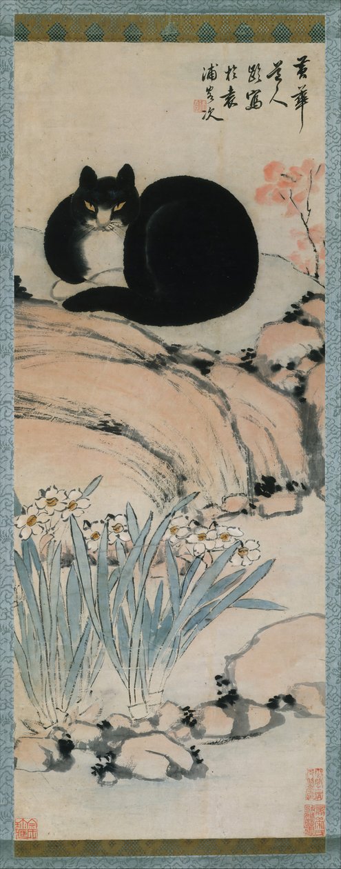 Zwarte kat en narcis, 19e eeuw door Zhu Ling