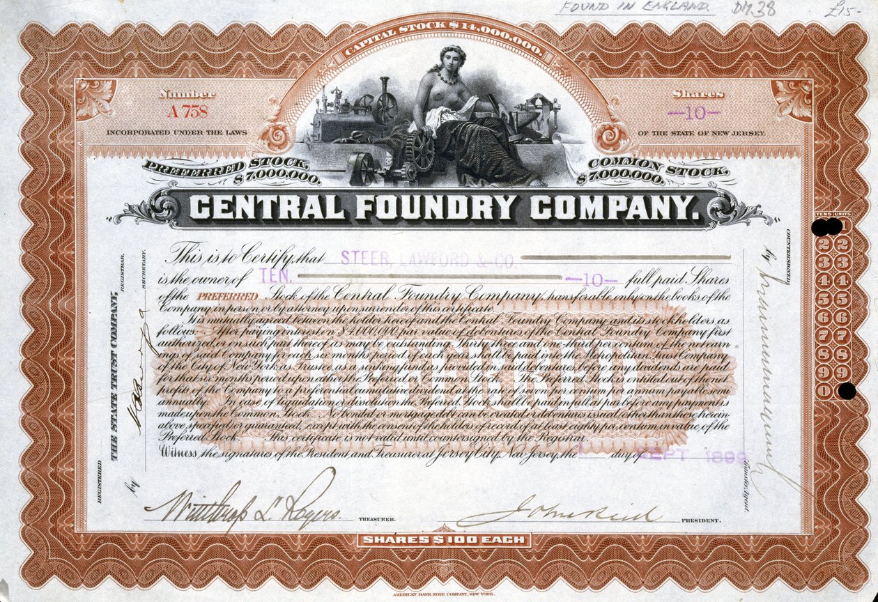 Aandeelcertificaat van Central Foundry, Brazilië door Frederick (attr. to) Barnard