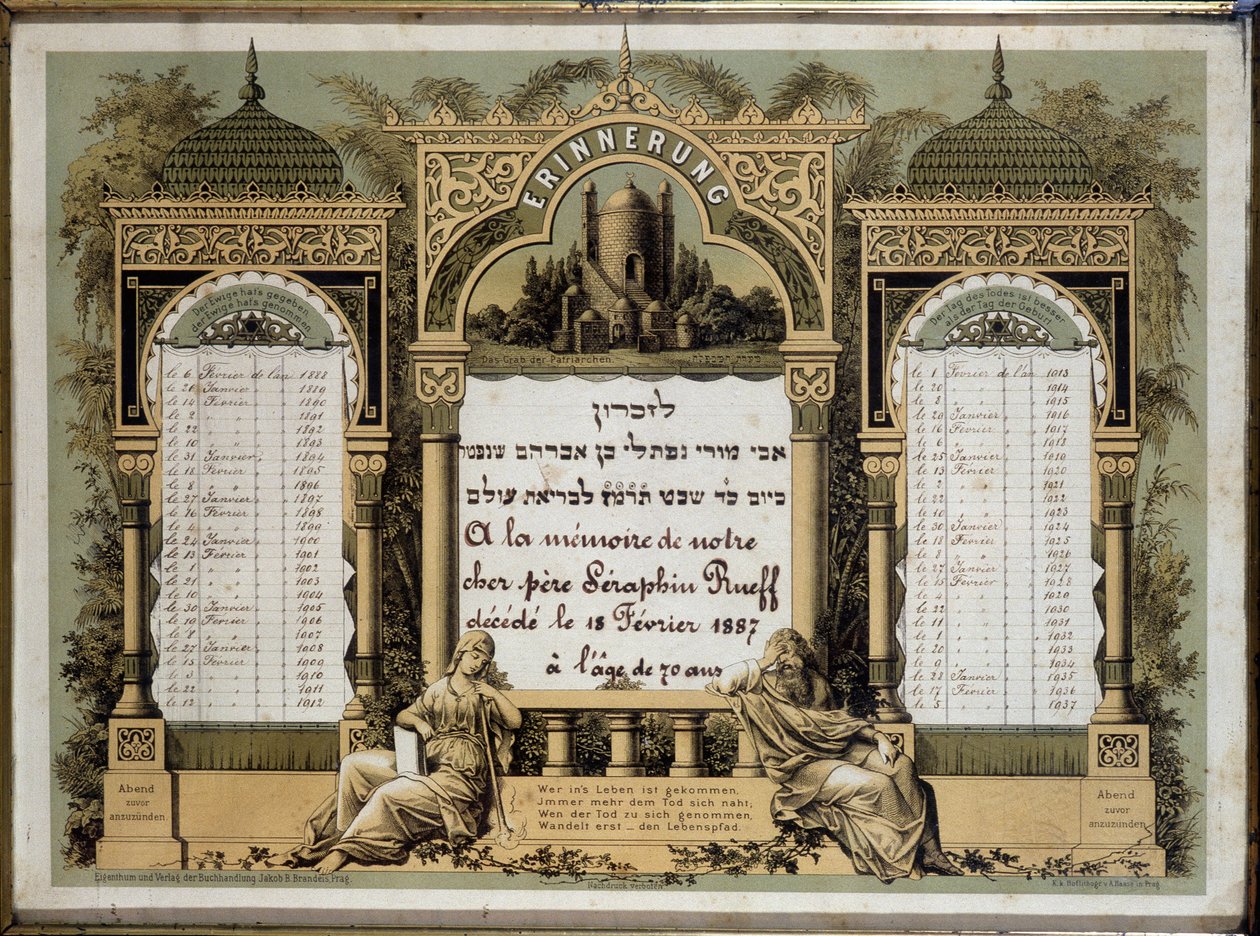 Yahrzeit Tafel (kleur litho) door Hippolyte Lalaise Devéria