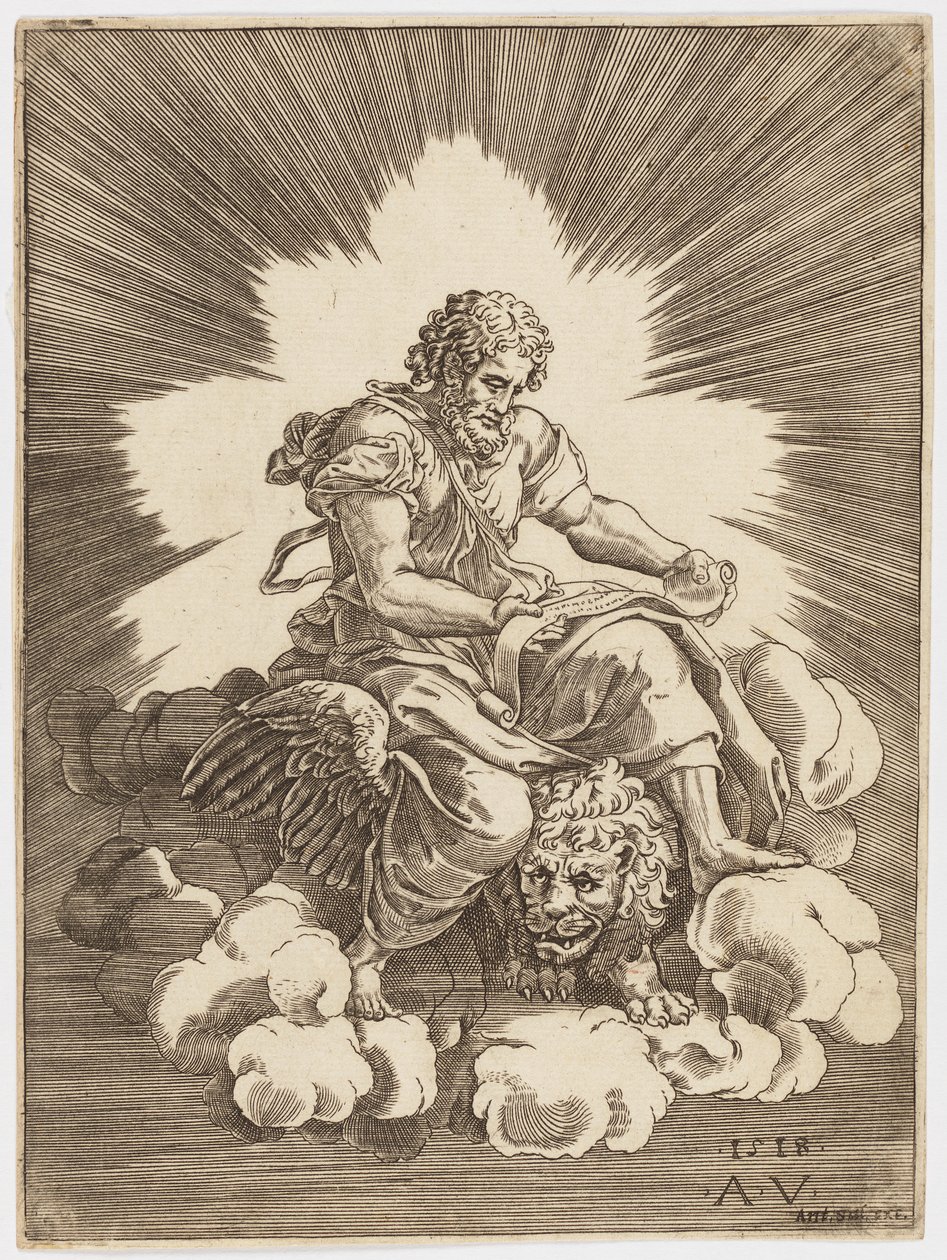 Sint Marcus, zittend op een leeuw door after Giulio Romano