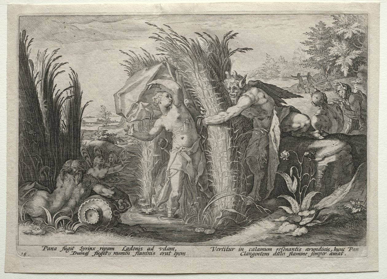 Pan achtervolgt Syrinx door after Hendrick Goltzius