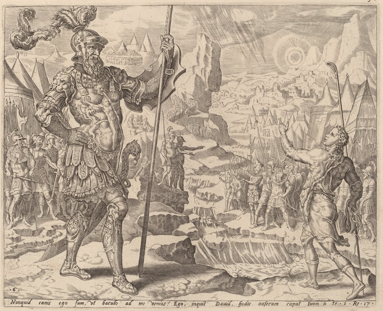 David Ontmoet Goliath door after Maerten van Heemskerck