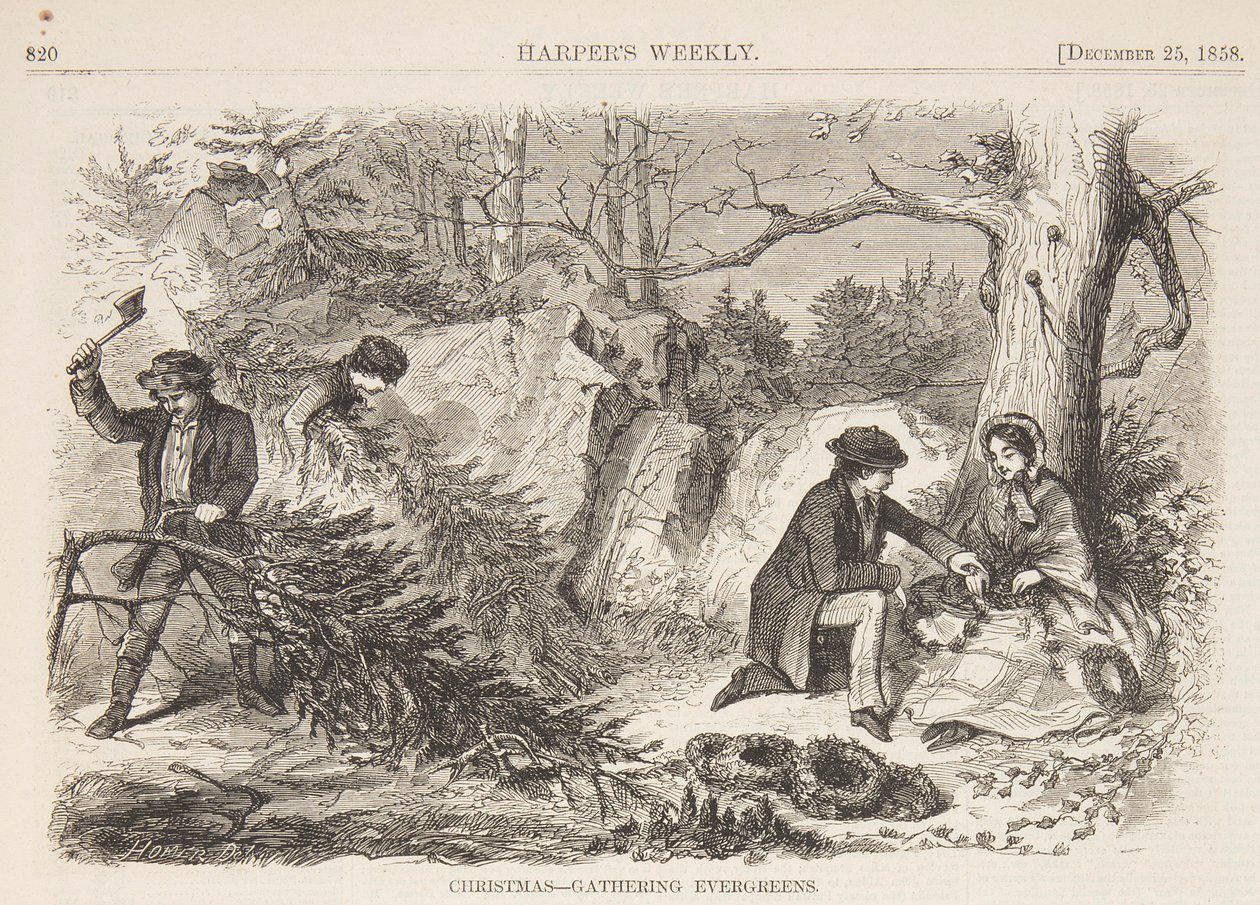 Kerstmis – Het verzamelen van groenblijvers door after Winslow Homer