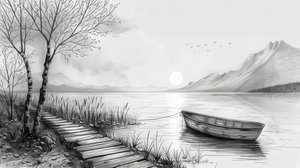 Boot in het midden van een rivier, getekend met zwarte lijnen, canvas prints op maat online Boot in het midden van een rivier, getekend met zwarte lijnen, canvas prints op maat online