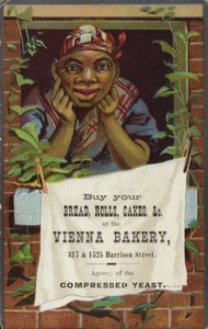 Dame bij raam adverteert Vienna Bakery