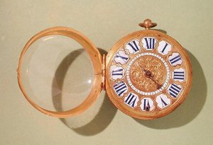 Horloge, ca. 1685 (verguld messing en email)