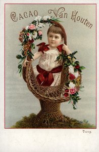 Meisje met bloemenboeket, reclame voor chocolade