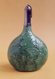 Groen geglazuurde fles, waarschijnlijk uit Isfahan