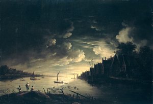 Rivierlandschap bij maanlicht