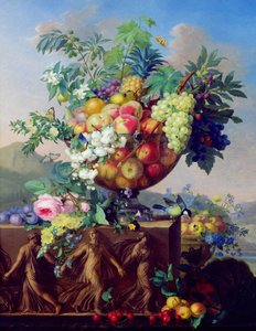 Schaal met bloemen en fruit