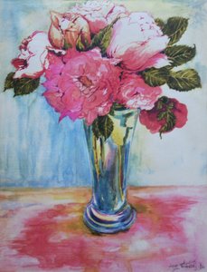 Roze Rozen in een Blauwe Glas