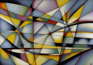 abstract: zilver-gele curves+driehoeken 1