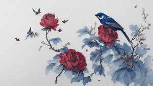inkt schilderij: Pioen in blauw 01