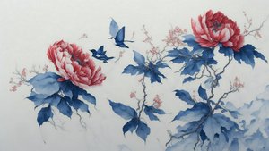 inkt schilderij: Pioen in blauw 02
