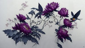 inkt schilderij: Pioen in diep paars 02