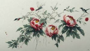 inkt schilderij: Pioen in groen 02