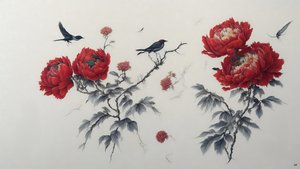 inkt schilderij: Pioen in rood 02