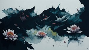 inkt schilderij: Waterlelie zwart 01