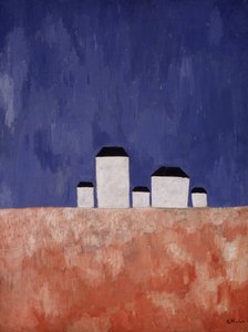 Landschap met vijf huizen