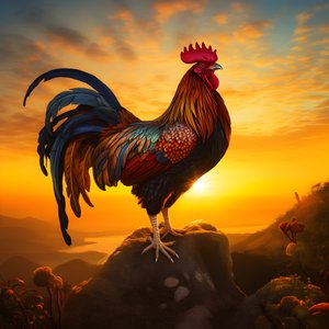 Een kraaiende haan bij zonsopgang 1