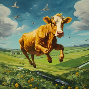 koe vliegt over een groene weide 4