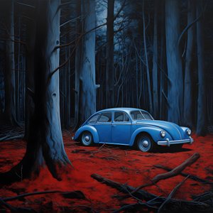 blauwe auto in een rood bos