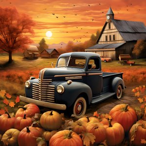 een oldtimer-pickuptruck op een herfstzonsondergangavond 1