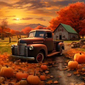 een oldtimer-pickuptruck op een herfstzonsondergangavond 3