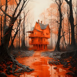 groot rood huis op blauwe achtergrond