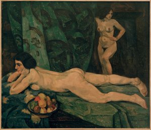Interieur met vrouwelijke naaktfiguren
