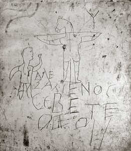 Godslasterlijk graffito van een kruisiging