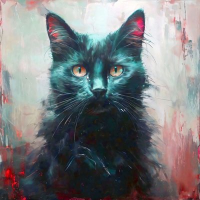 Canvas print : een zwarte kat met gele ogen zittend voor muurdecoratie door F. Abderrahim