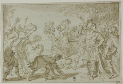 Romeinse soldaten stenigen een slang door Abraham Bloemaert